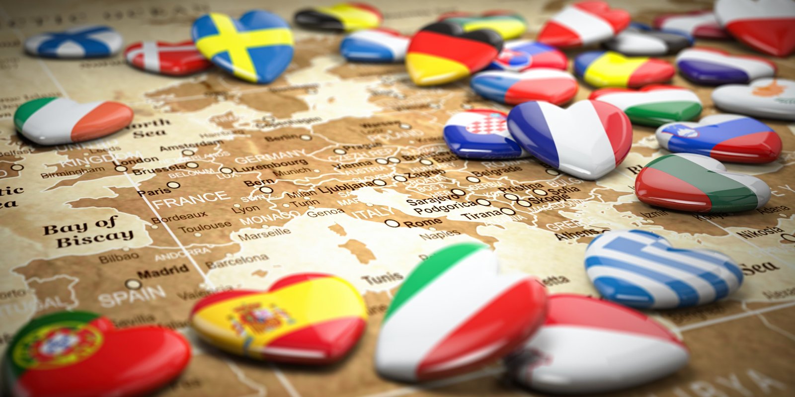 Map of Europe and hearts with flags of european countries. Travel and tourism to European Union EU concept. 3d illustration